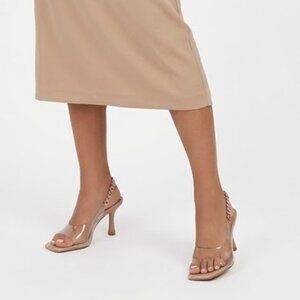 Nude Pink Square Toe Chain Heels Clear Strap Slingback Sandal Size 8.5